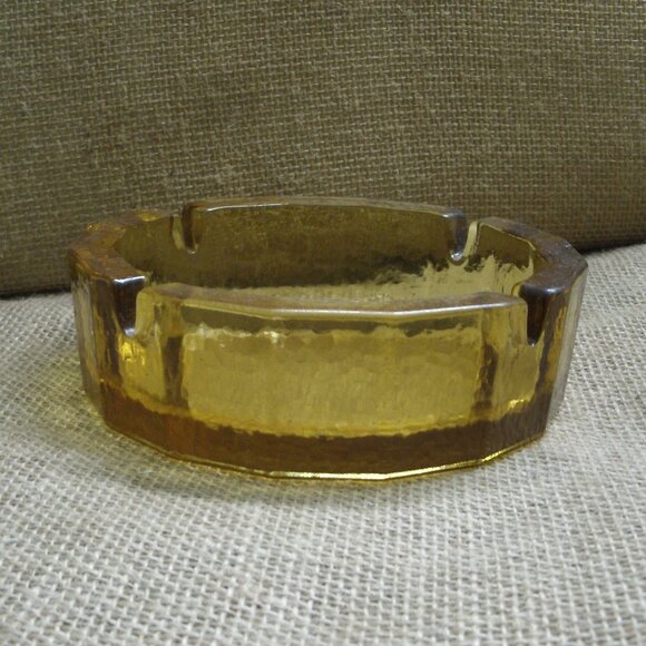 Vintage Blenko Amber Glass Pebble Textured Ashtray - Picture 3 of 14